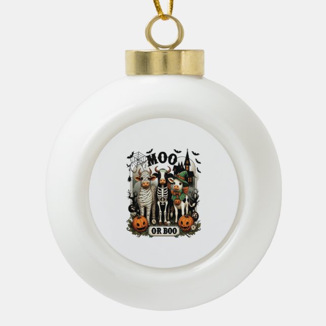 Moo or Boo Halloween Cow Ceramic Ball Christmas Ornament (Front)