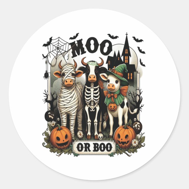 Moo or Boo Halloween Cow Classic Round Sticker (Front)