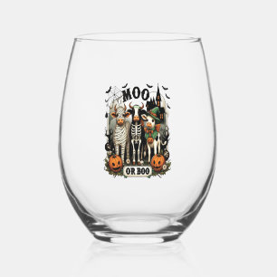 Moo or Boo Halloween Cow Stemless Wine Glass