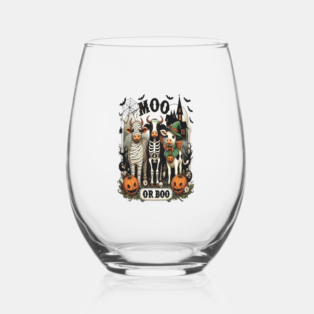 Moo or Boo Halloween Cow Stemless Wine Glass (Front)