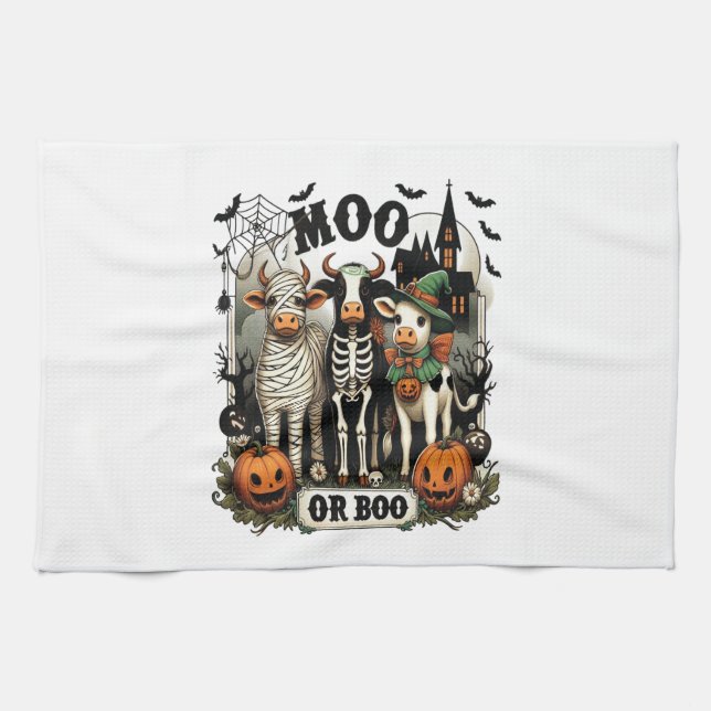 Moo or Boo Halloween Cow Tea Towel (Horizontal)