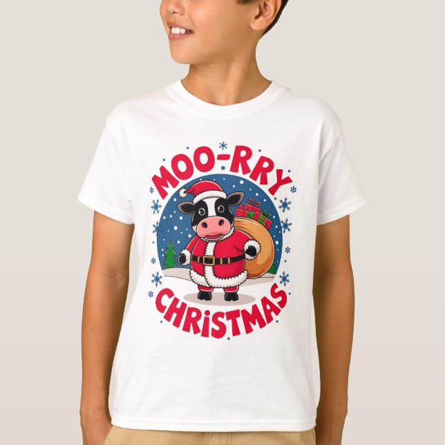 Moo-rry Christmas Funny Cow Santa Christmas T-Shirt (Front)