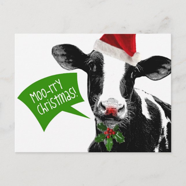 Moo rry Christmas! Funny Holiday Cow in Santa Hat (Front)