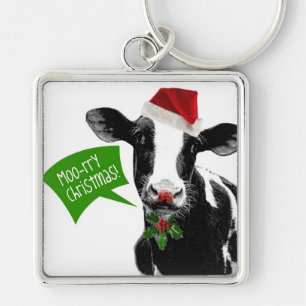 Moo rry Christmas! Funny Holiday Cow in Santa Hat Key Ring