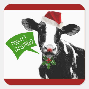Moo rry Christmas! Funny Holiday Cow in Santa Hat Square Sticker