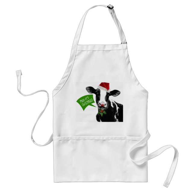 Moo rry Christmas! Funny Holiday Cow in Santa Hat Standard Apron (Front)