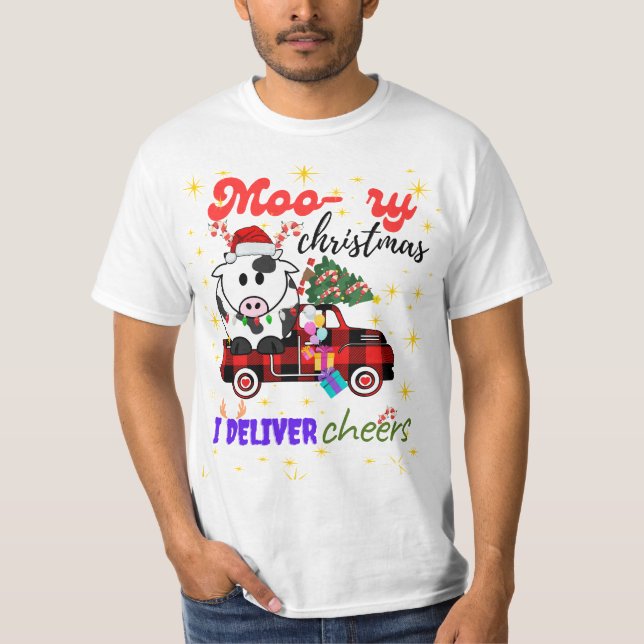 Moo-ry Christmas Cow in Plaid Truck Holiday design T-Shirt (Front)