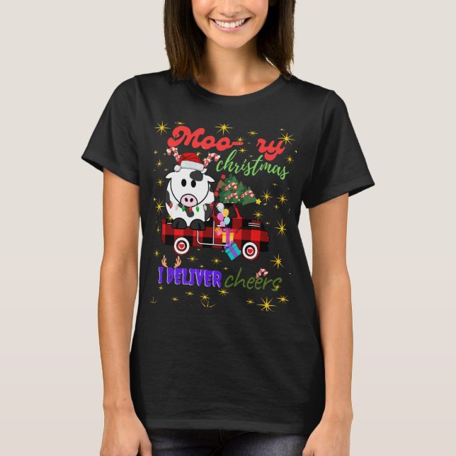 Moo-ry Christmas Cow in Plaid Truck Holiday design T-Shirt (Front)
