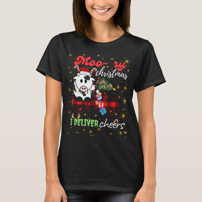 Moo-ry Christmas Cow in Plaid Truck Holiday design T-Shirt (Front)
