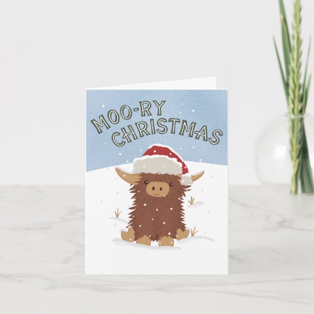 Moo-ry Christmas cute shaggy Highland cow Santa Card (Front)