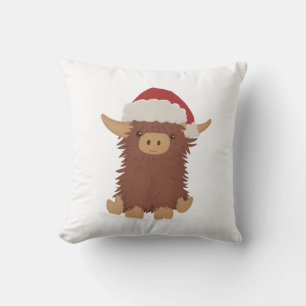 Moo-ry Christmas cute shaggy Highland cow Santa Cushion