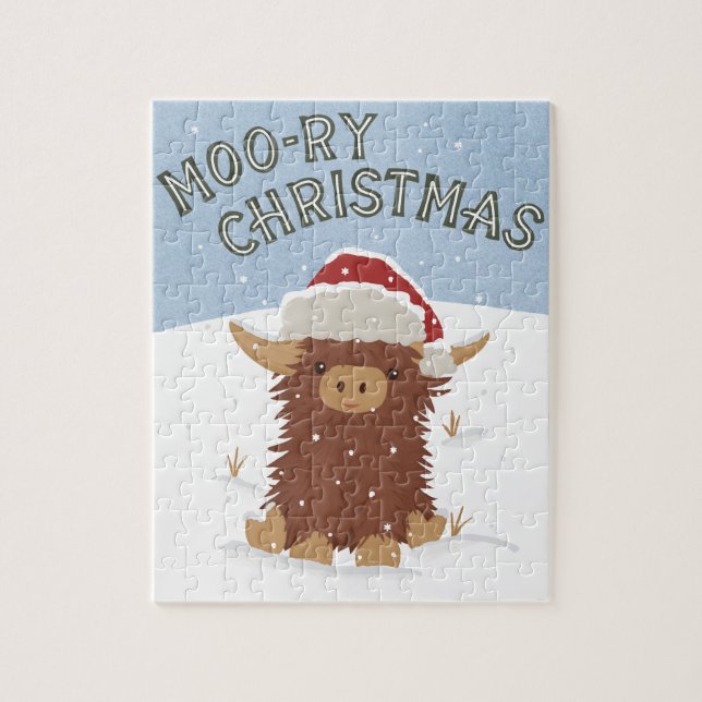 Moo-ry Christmas cute shaggy Highland cow Santa Jigsaw Puzzle (Vertical)