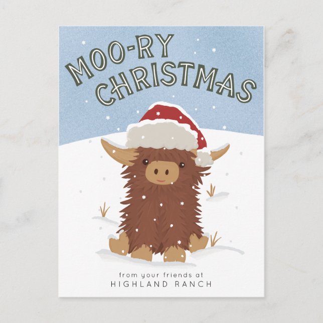 Moo-ry Christmas cute shaggy Highland cow Santa Postcard (Front)