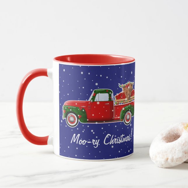 Moo-ry Christmas Highland Cow in Little Red Truck Mug (With Donut)