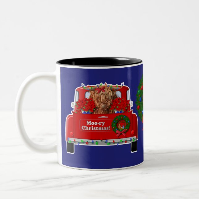 Moo-ry Christmas Little Red Truck Two-Tone Coffee Mug (Left)