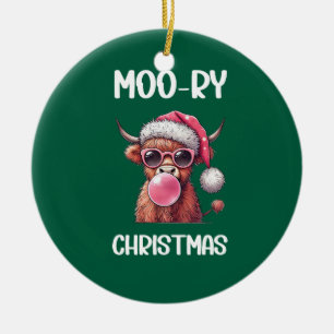 Moo-ry Christmas Scottish Higland Cow Ceramic Tree Decoration
