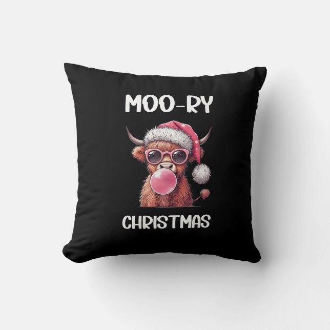 Moo-ry Christmas Scottish Higland Cow Cushion (Front)