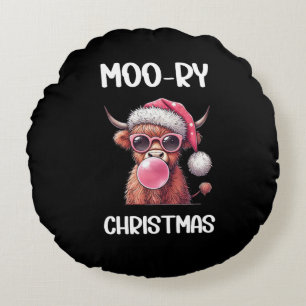 Moo-ry Christmas Scottish Higland Cow Round Cushion
