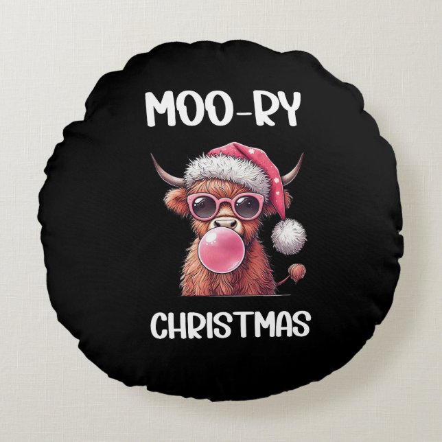Moo-ry Christmas Scottish Higland Cow Round Cushion (Front)