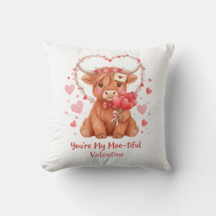Moo-tiful Valentine Cute Watercolor Highland Cow Cushion