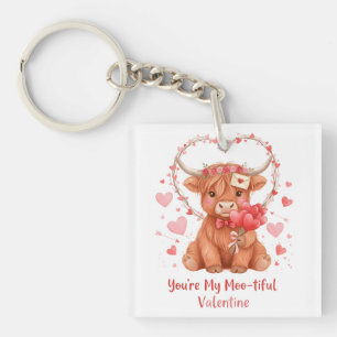Moo-tiful Valentine Cute Watercolor Highland Cow Key Ring