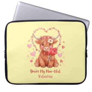Moo-tiful Valentine Cute Watercolor Highland Cow Laptop Sleeve