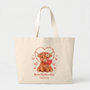 Moo-tiful Valentine Cute Watercolor Highland Cow Large Tote Bag