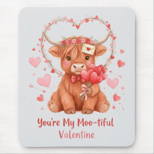 Moo-tiful Valentine Cute Watercolor Highland Cow Mouse Mat