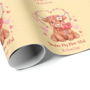 Moo-tiful Valentine Cute Watercolor Highland Cow Wrapping Paper