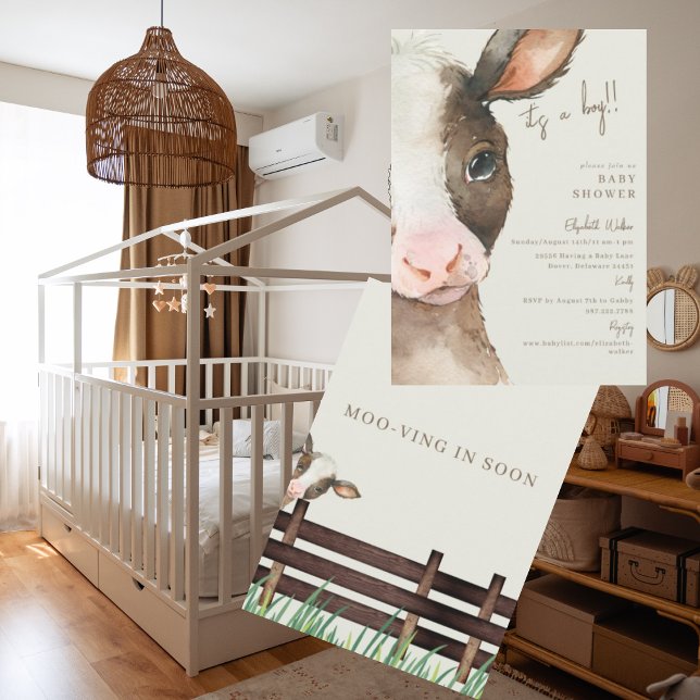 Moo-ving in Soon Cow It's a Boy Baby Shower Invitation (Creator Uploaded)