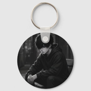 Moody Aesthetic Boy in Hoodie Round Keychain