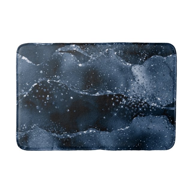 Moody Agate | Navy Denim Steel Blue Faux Glitter Bath Mat (Front)