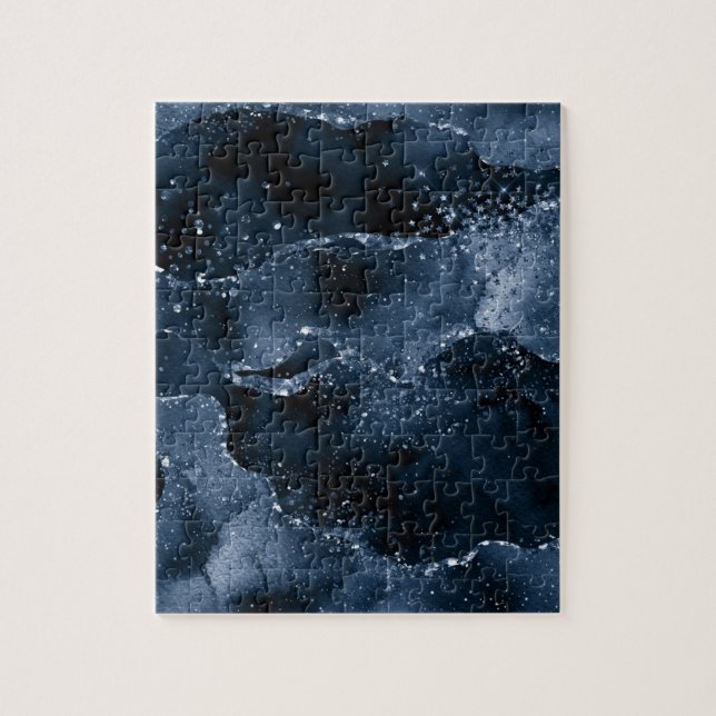 Moody Agate | Navy Denim Steel Blue Faux Glitter Jigsaw Puzzle (Vertical)