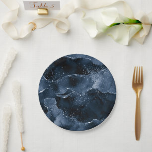 Moody Agate   Navy Denim Steel Blue Faux Glitter Paper Plate