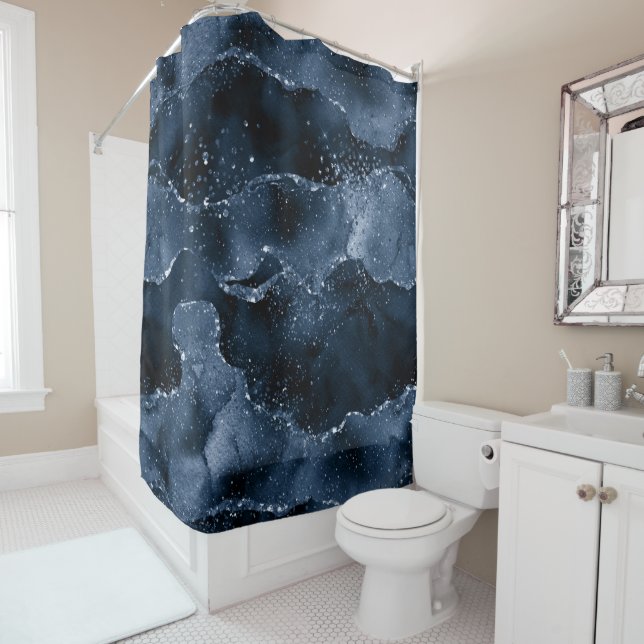 Moody Agate | Navy Denim Steel Blue Faux Glitter Shower Curtain (In Situ)