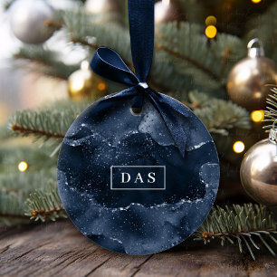 Moody Agate Navy Denim Steel Blue Monogram Ceramic Tree Decoration