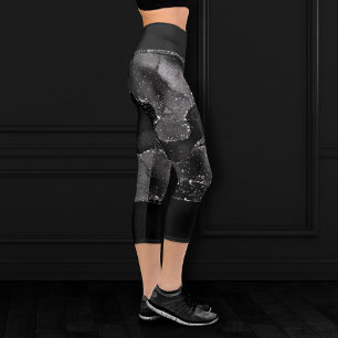 Moody Agate   Onyx Black Silver Vampy Goth Glitter Capri Leggings