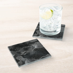 Moody Agate   Onyx Black Silver Vampy Goth Glitter Glass Coaster