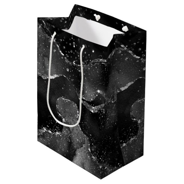 Moody Agate | Onyx Black Silver Vampy Goth Glitter Medium Gift Bag (Front Angled)