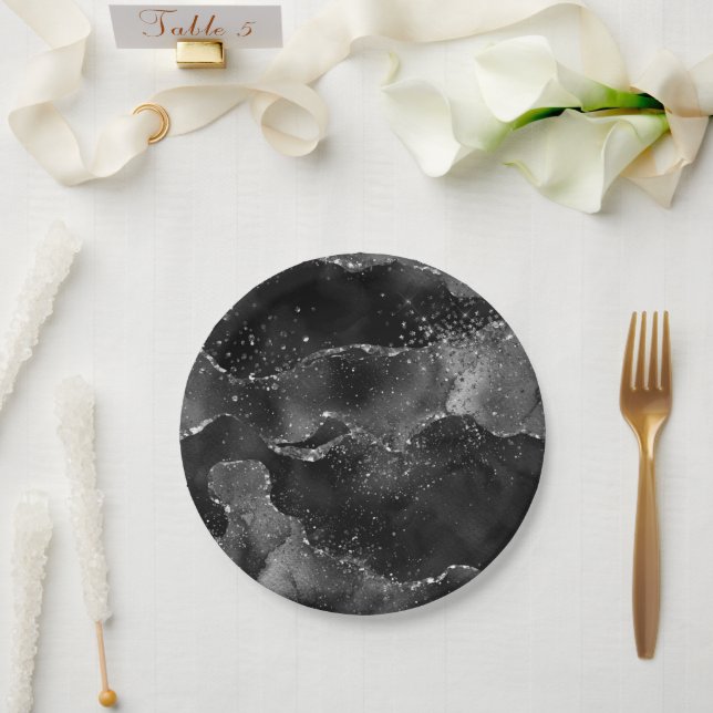 Moody Agate | Onyx Black Silver Vampy Goth Glitter Paper Plate (Wedding)