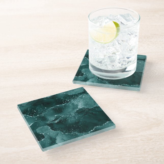 Moody Agate | Teal Green Malachite Rich Jewel Tone Glass Coaster (Angled)