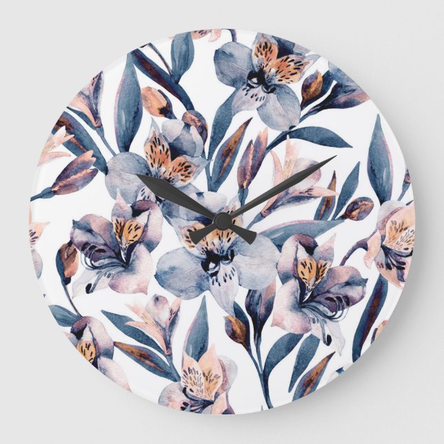 Moody Alstroemeria: Watercolor Flowers Pattern Large Clock (Front)