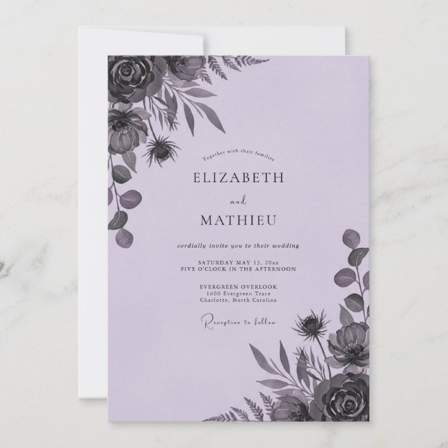 Moody Amethyst Leafy Wedding Invitation (Front)