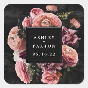 Moody and Romantic Pink Floral Bouquet on Black  Square Sticker
