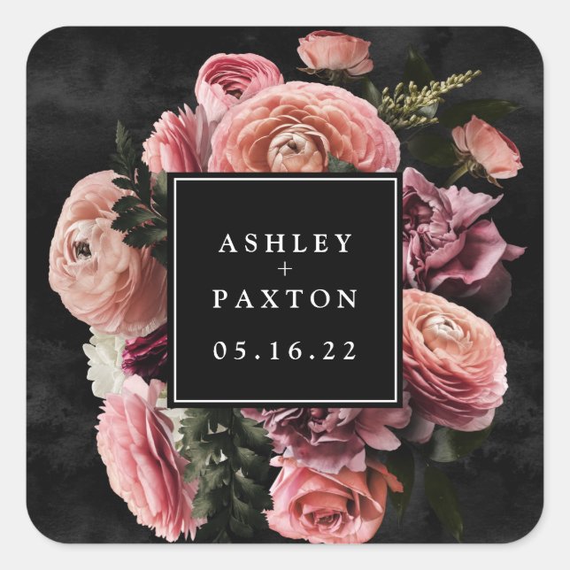 Moody and Romantic Pink Floral Bouquet on Black  Square Sticker (Front)