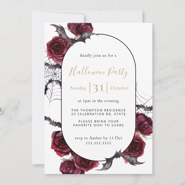 Moody Arch Floral Burgundy Black Halloween Party  Invitation (Front)