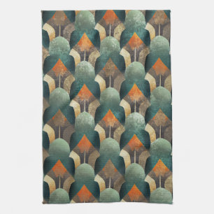 Moody Art Deco Teal & Charcoal Geometric Design Tea Towel