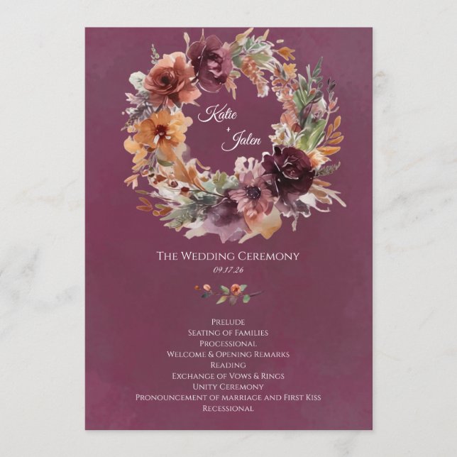 Moody Autumn Floral Wedding Program Programme (Front)
