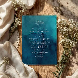 Moody Beach Ocean Watercolor QR Code Wedding Invitation