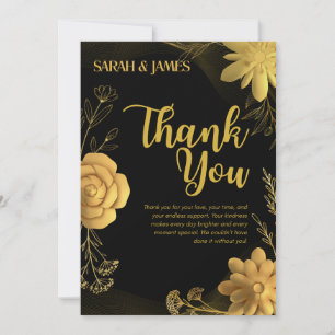 Moody black and gold floral wedding thank you card